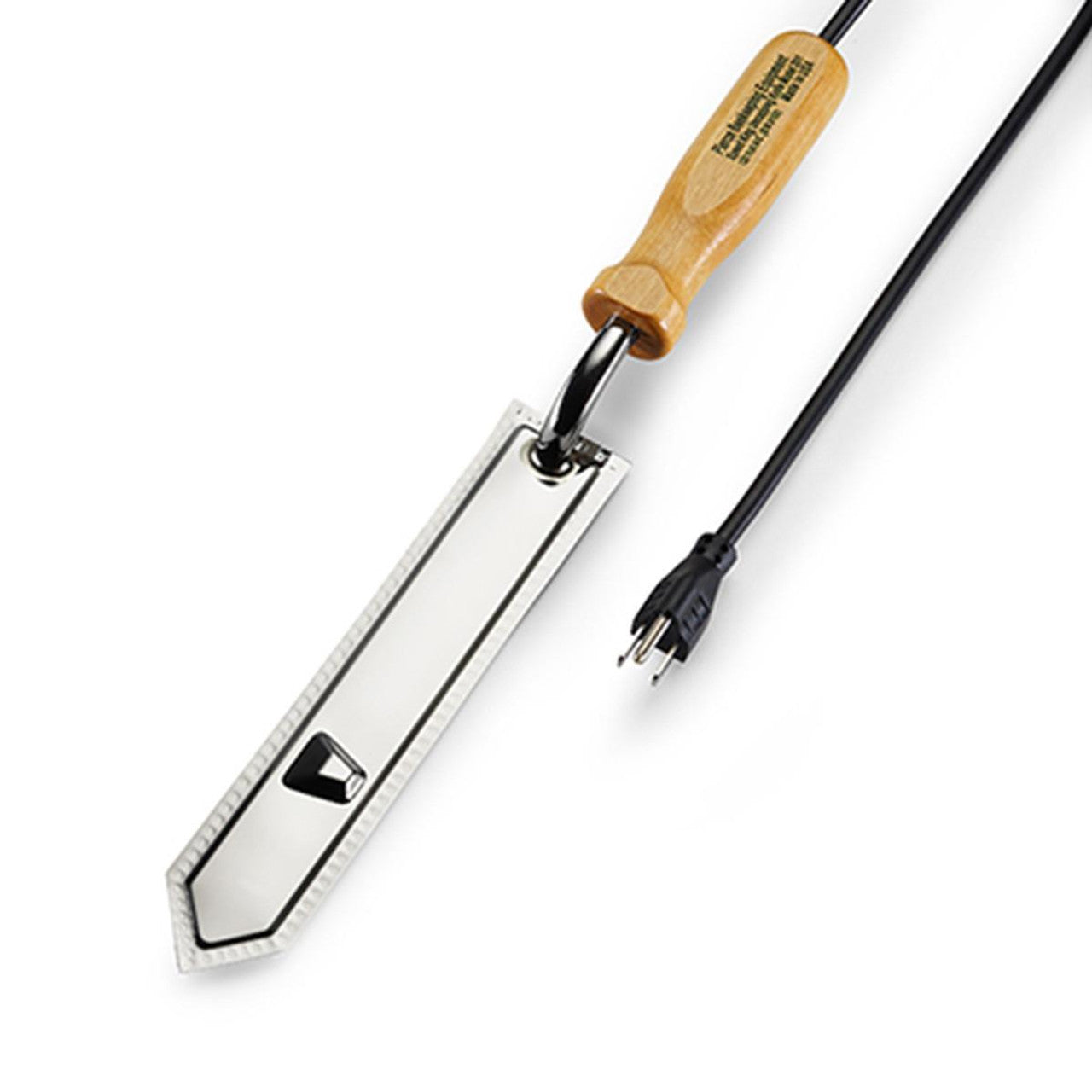 An electric uncapping knife with a wooden handle and a stainless steel blade, equipped with a power cord on a white background
