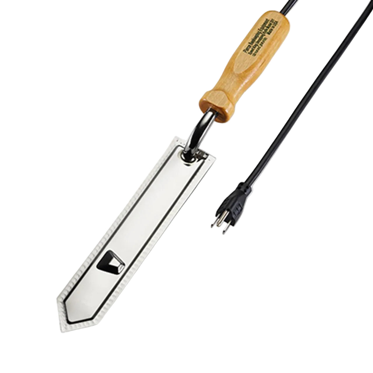 An electric uncapping knife with a wooden handle and a stainless steel blade, equipped with a power cord on a white background