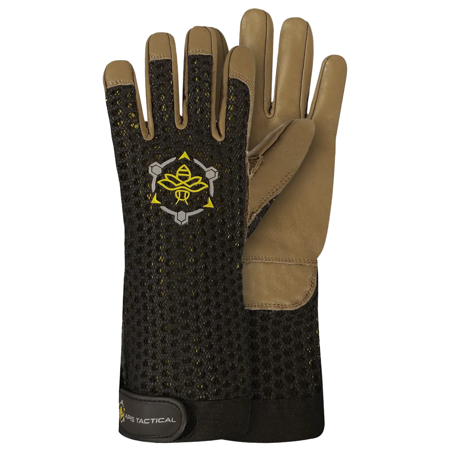 A pair of black and brown beekeeping gloves with a mesh back and top grain cowhide palm, featuring a hook and loop strap and a logo on the top on a white background