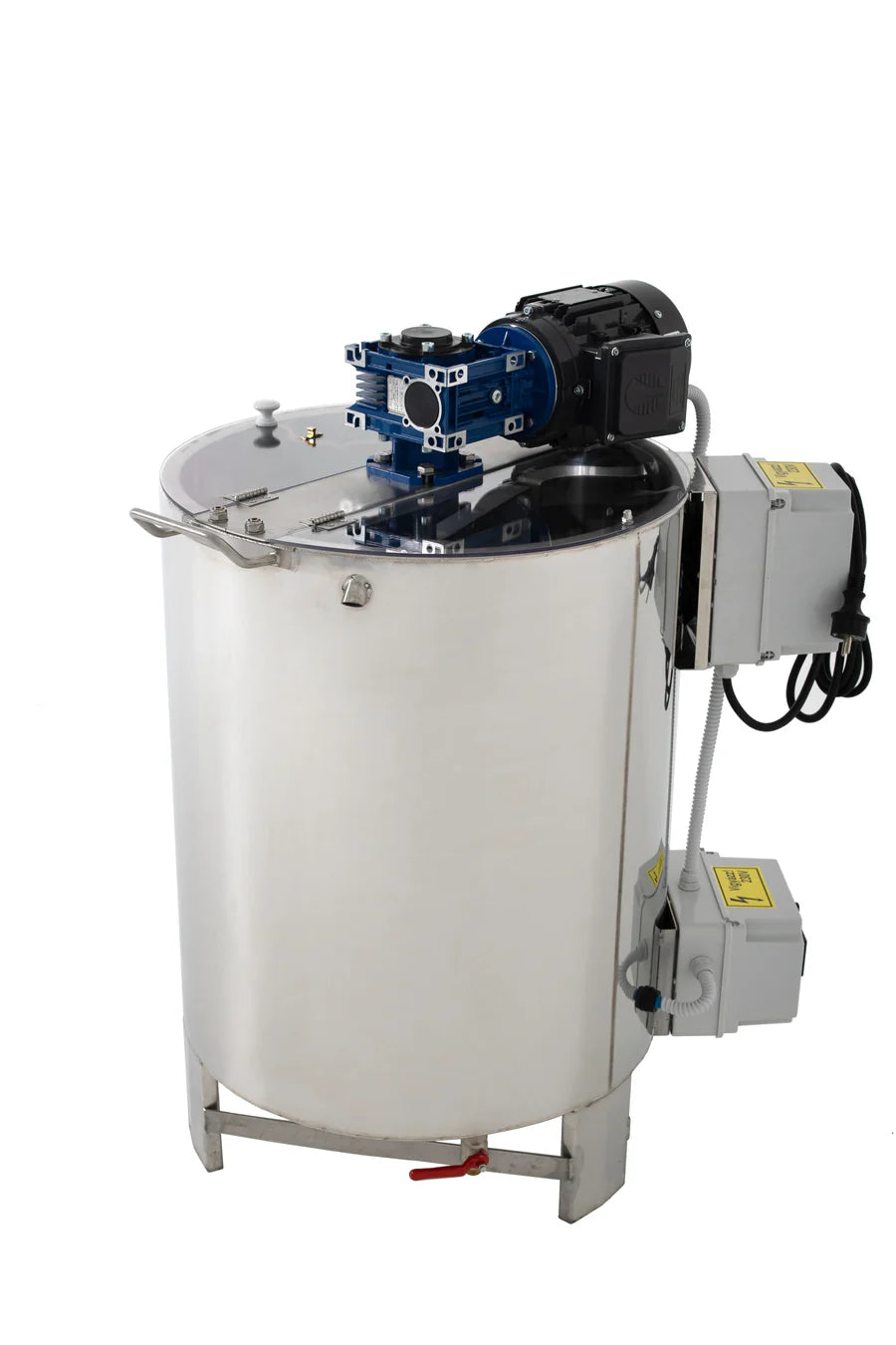 A large, industrial Konigin honey creamer and homogenizer with a capacity of 26 gallons, featuring a stainless-steel body and various operational controls on a white background