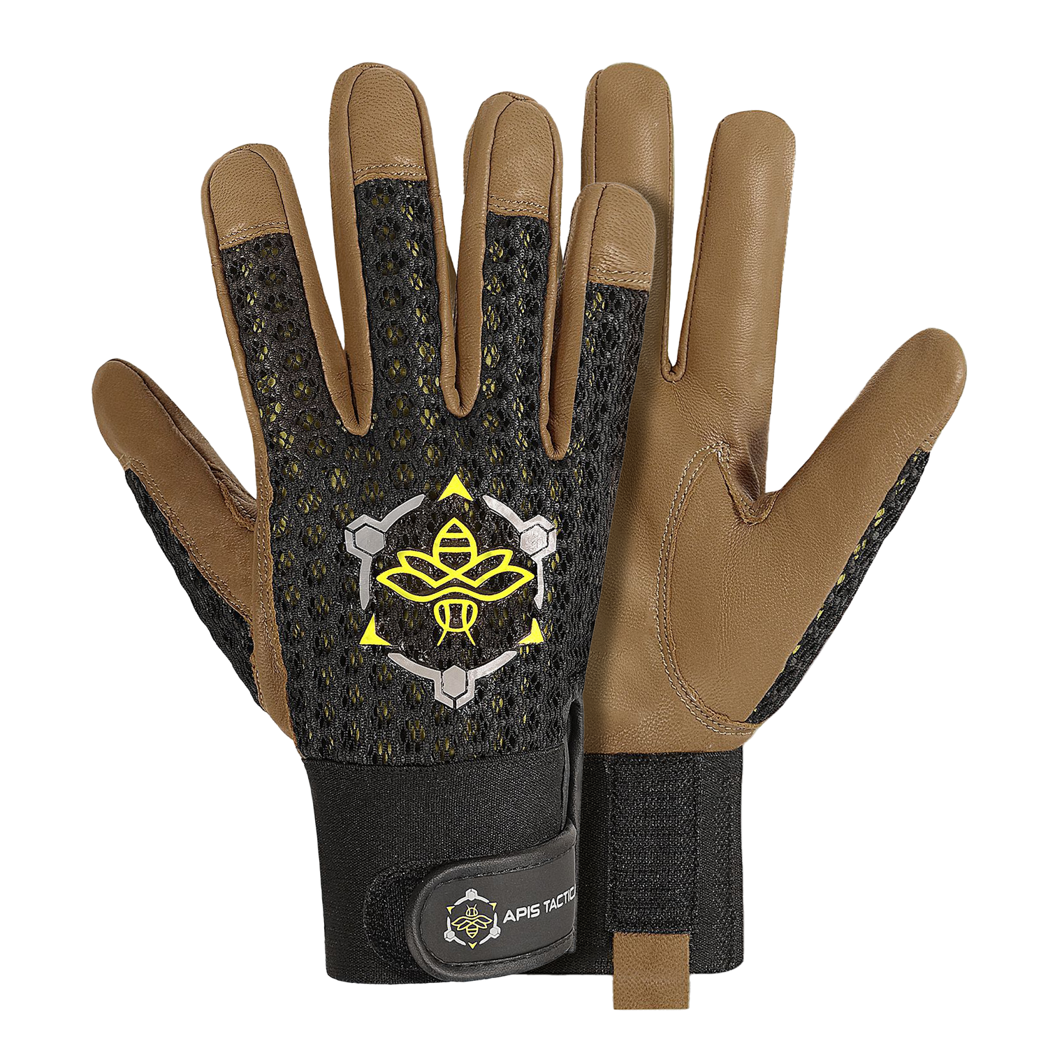 A pair of tactical beekeeping gloves with black and brown colors, featuring a velcro wrist strap and a decorative yellow bee pattern on the back on a white background