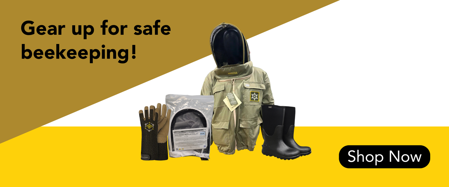 A graphic that promotes various protective clothing for beekeeper, including a bee jacket, gloves, and boots on a white, brown, and yellow background