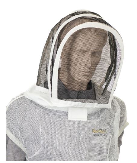 A mannequin wearing a beekeeping mesh vest with a hood on a white background