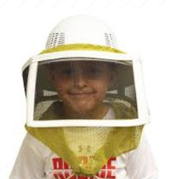 Child-sized folding beekeeping veil with lightweight mesh, designed to fold flat for easy storage and provide face protection during hive work.