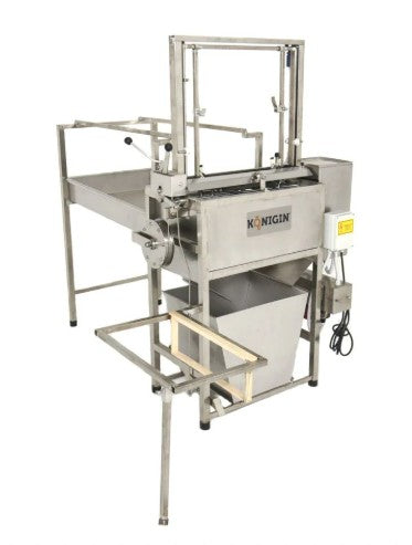 Konigin semi-automatic bottle uncapper with a stainless steel housing, bottle guide rails, and control panel, designed for small-scale beverage production