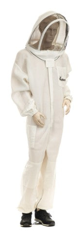 A mannequin wearing a full-length white beekeeping suit with a hooded mesh veil. The suit has long sleeves with elastic cuffs, front zipper closure, and pockets. The mesh veil is supported by white bands that hold it away from the face. The mannequin is shown standing against a white background wearing dark shoes.
