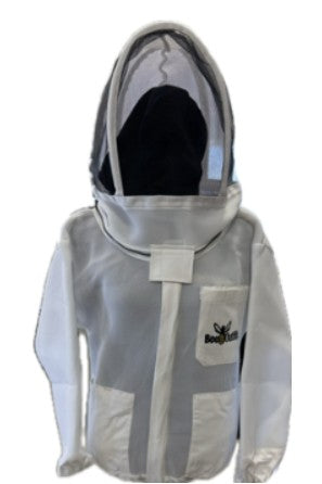 A white beekeeping jacket with a mesh hooded veil displayed on a stand or mannequin. The veil has supportive bands that keep the mesh away from the face. The jacket features elastic cuffs, a front zipper, and a chest pocket with a bee-themed logo. The background is plain and white.