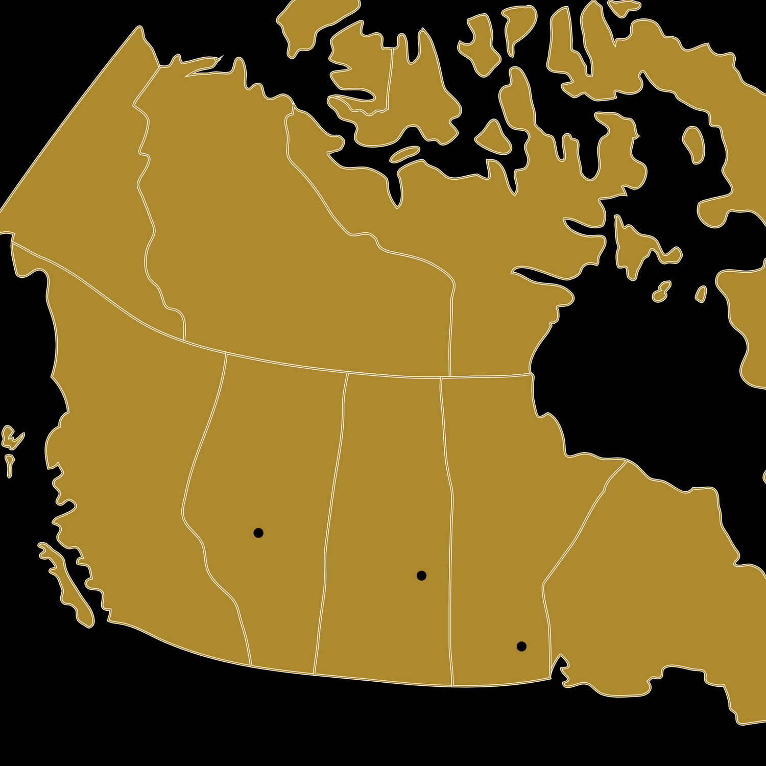 A brown map of Canada with three black dots that represent Bee Maid Bee Supplies locations, on a black background