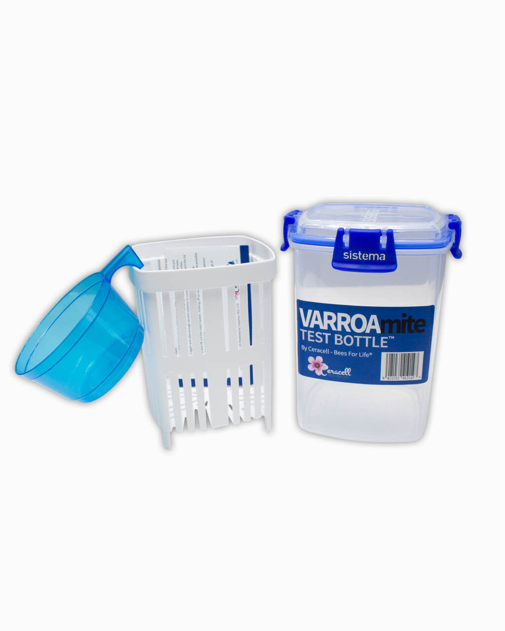 A Varroa Mite Test Bottle with a blue lid, a white filter basket, and a transparent measuring scoop.