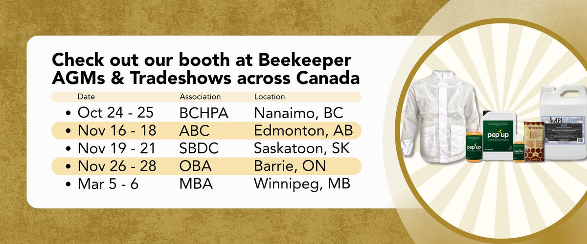 A graphic depicting a list of AGMs and tradeshows that Bee Supplies will be attending