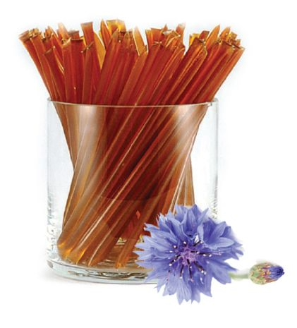 Amber-colored honey sticks in a glass with a blue clover flower on a white background