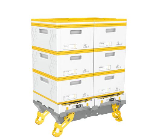 An example of the hive stand supporting two, three-storey beehives on a white background