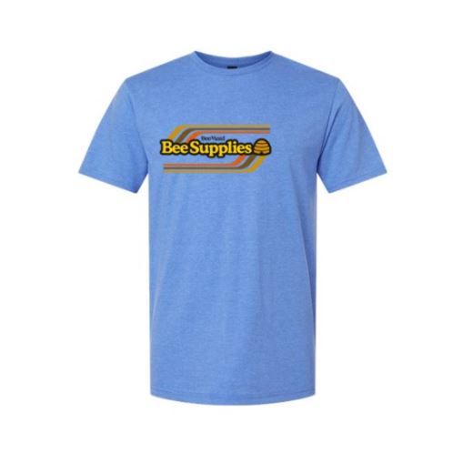 Blue t-shirt with 'Bee Maid Bee Supplies' logo on a white background