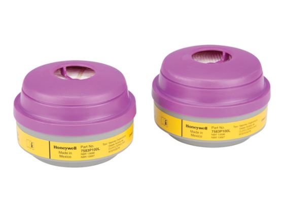 Two purple filter cartridges for a respirator with yellow labels on a white background