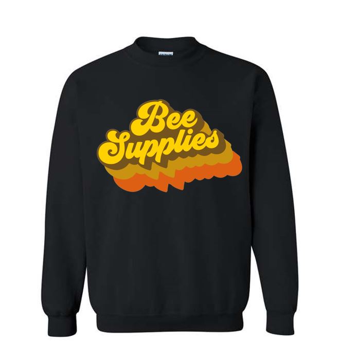 Black crew neck sweatshirt with 'Bee Supplies' text logo in yellow and orange on the chest on a white background