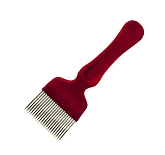 A red capping scratcher with metal teeth, designed for opening honeycomb cells.