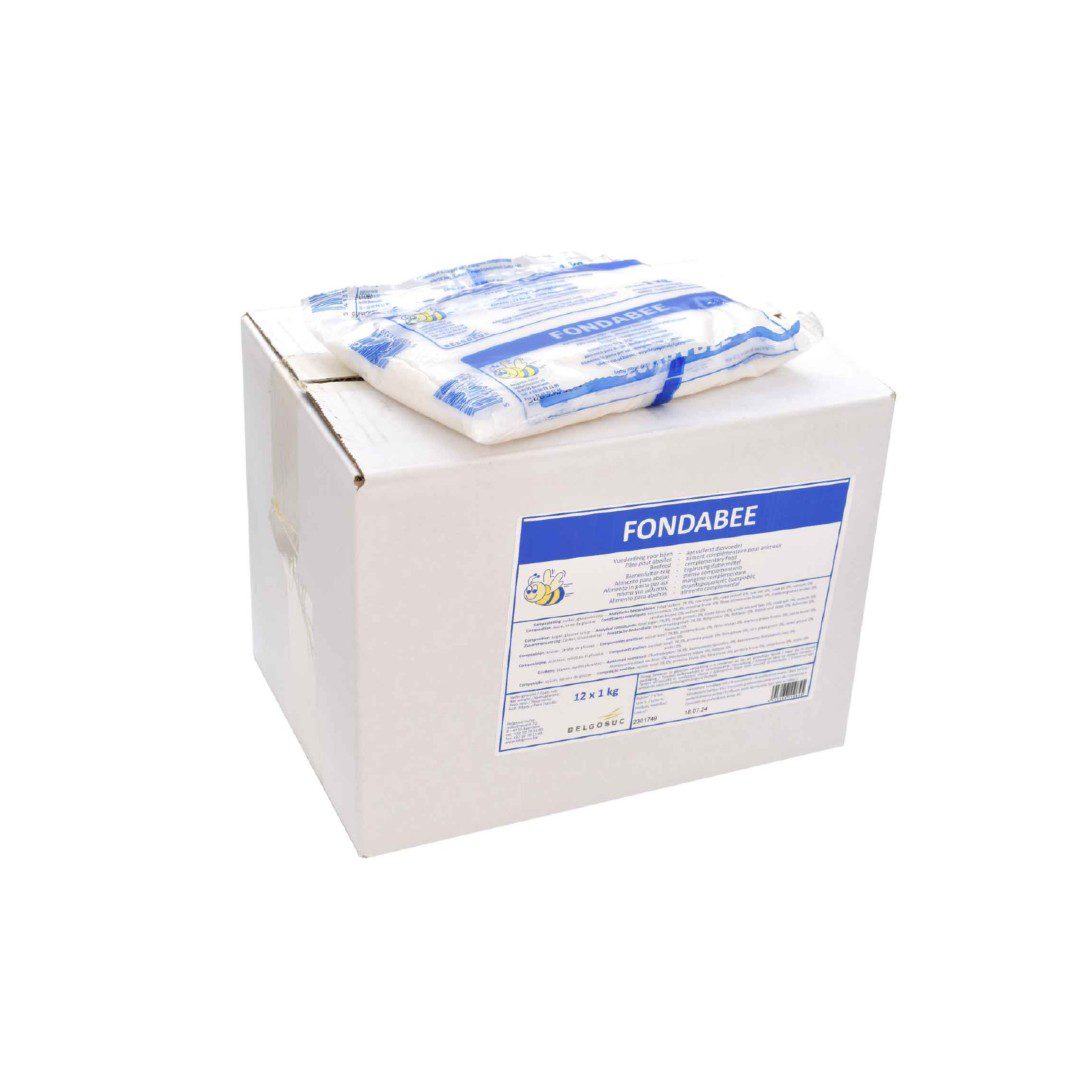 A packaged product labeled Fondabee placed on top of a white box with a label.