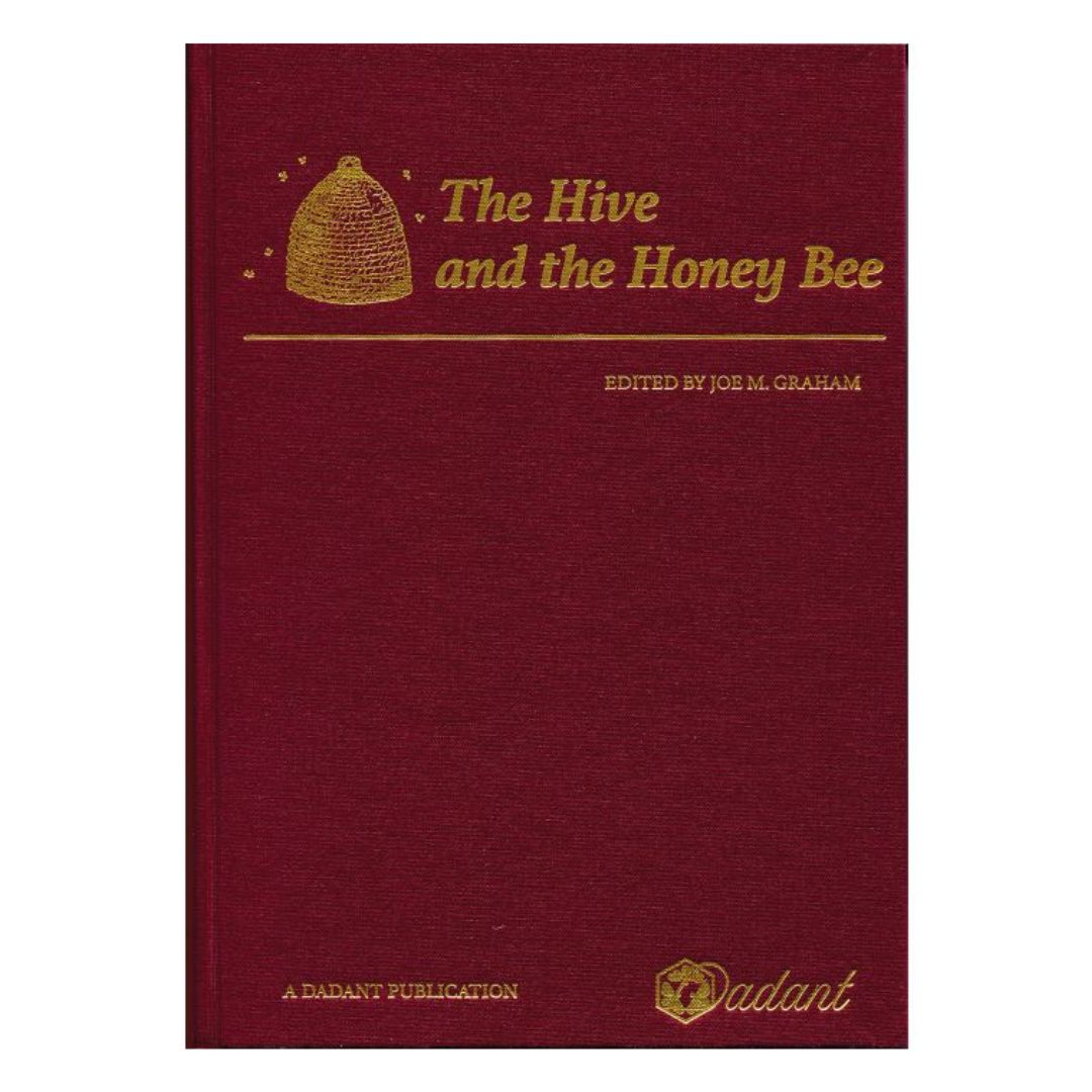A dark red cover of 'The Hive and the Honey Bee' book with a honey bee design on a white background