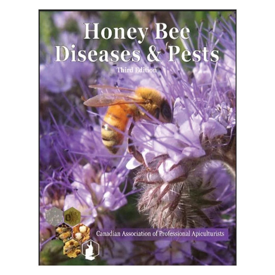 A book cover of 'Honey Bee Diseases & Pests' featuring an image of a honey bee on a purple flower