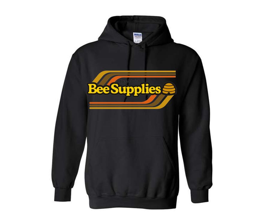 A black hoodie with the 'Bee Maid Bee Supplies' logo in yellow and orange stripes across the front.