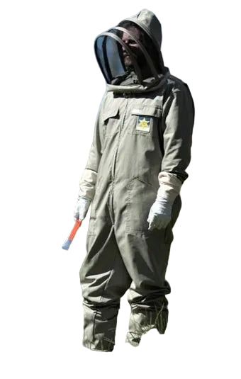 Person wearing a khaki beekeeping suit in an outdoor setting