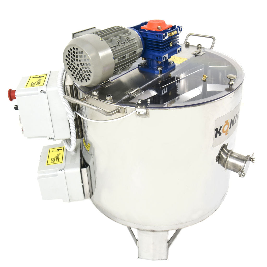A close up of a large, industrial honey creamer and homogenizer machine with a label displaying the brand name KONIGIN, featuring a blue motor unit on top and a stainless-steel body on a white background