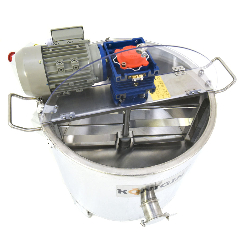 A close up of a large, industrial honey creamer and homogenizer machine with a label displaying the brand name KONIGIN, with the lid propped up to expose the interior on a white background