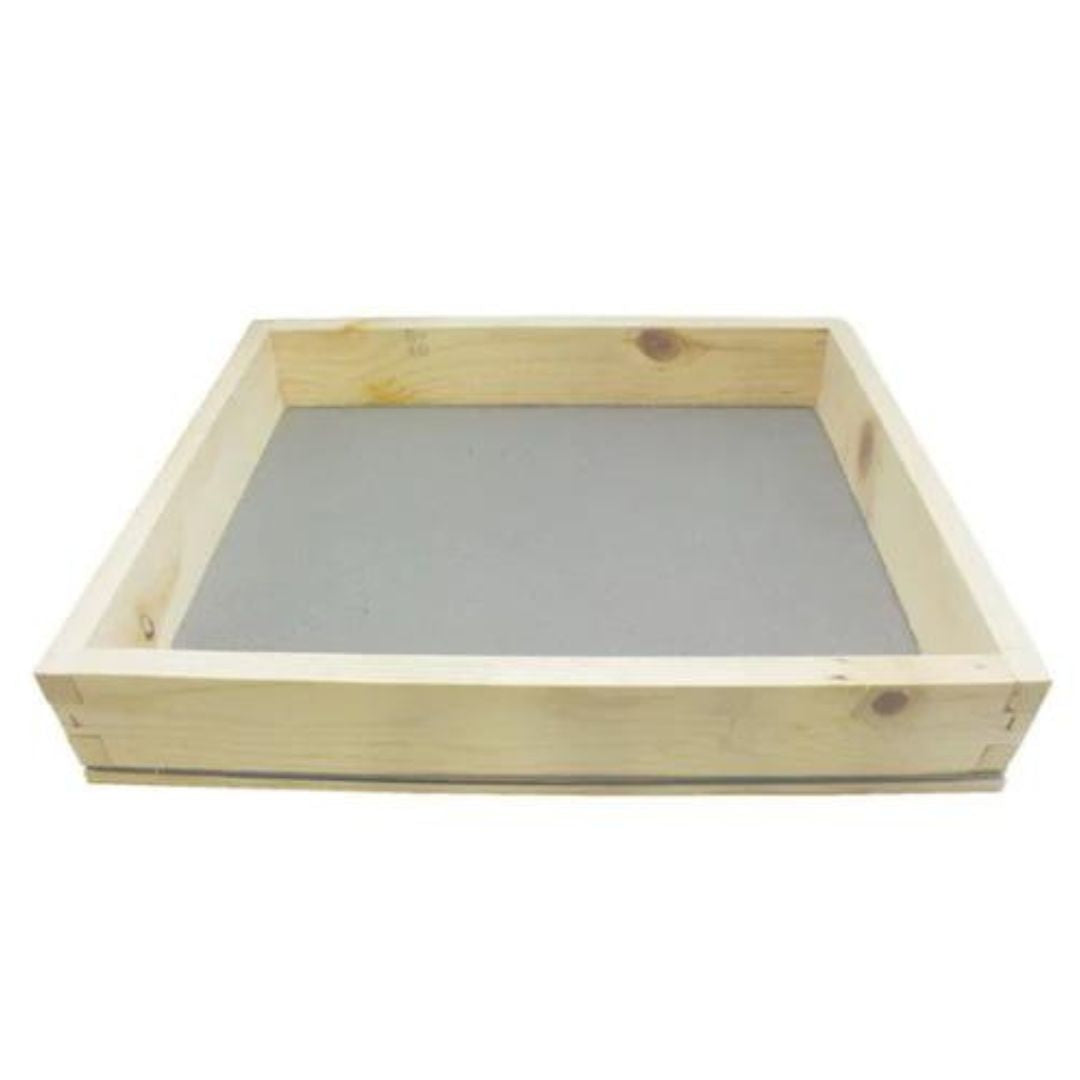 A wooden frame with a corrugated plastic cover, used to fume the hive, on a white background