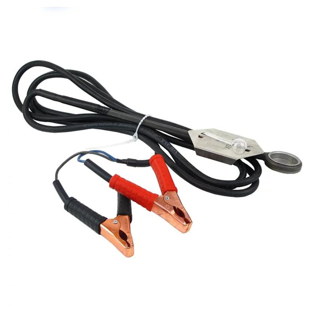 A Varrox vaporizer with black wires and red and silver clamps, used for bee health mite control.