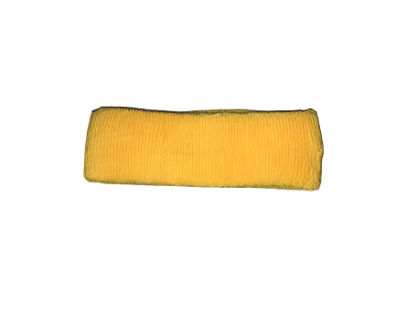 A yellow elastic sweat band laid out flat on a white background.
