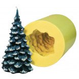 A silicone mold in the shape of a Christmas tree candle, along with a physical candle created from the mold on a white background