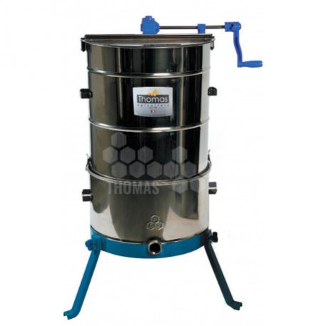 A Thomas Apiculture Duomel 4 Frame HD honey processing machine with a stainless steel body and blue accents, featuring a hand crank on the lid and a label with the brand logo on a white background