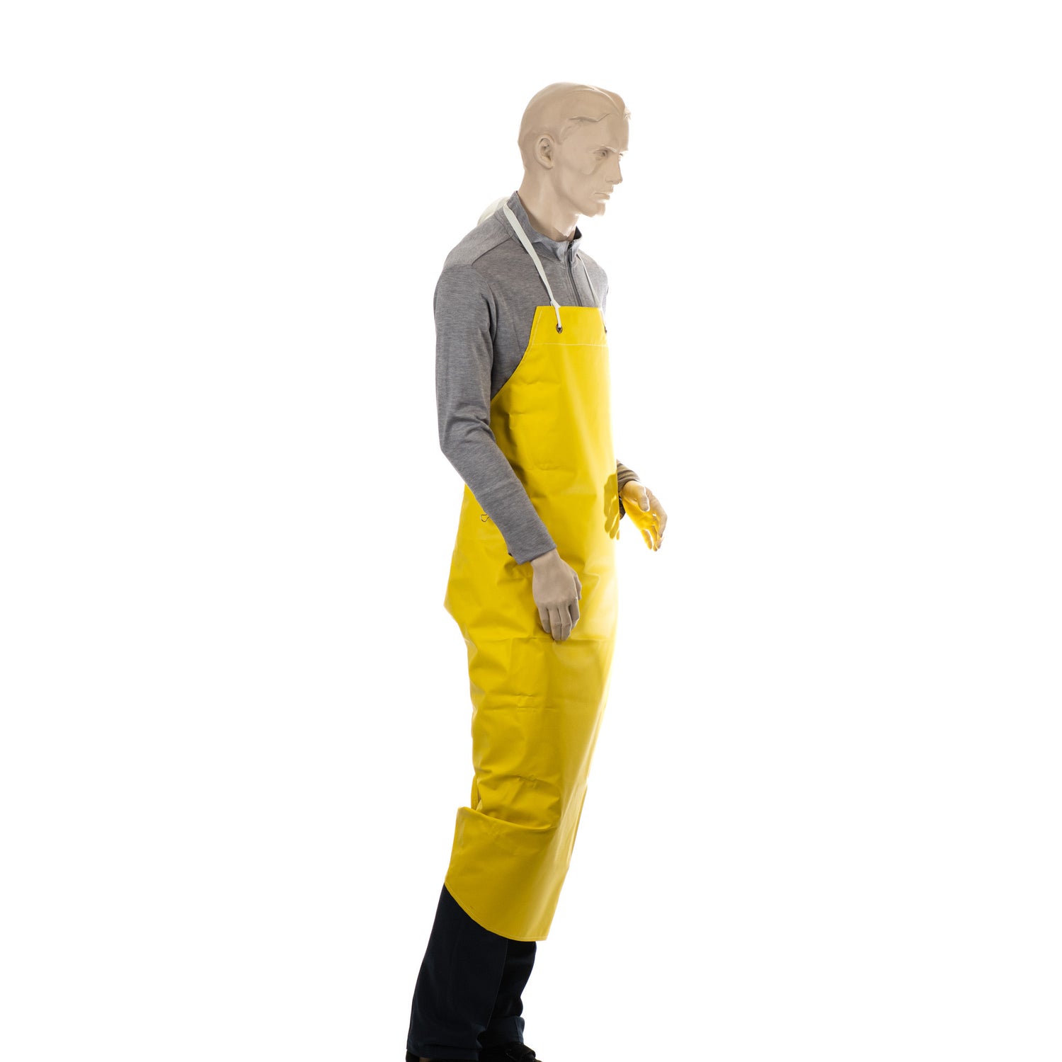 A mannequin wearing a yellow neoprene apron with metal grommets, neckstring, and waist ties on a white background