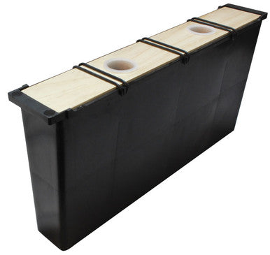A plastic frame feeder for bees, with a black body and beige wooden frames, designed to hold 2 gallons of syrup.