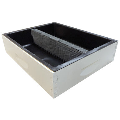 A plastic feeder insert and super with a galvanized steel safety screen, designed for beehive feeding.