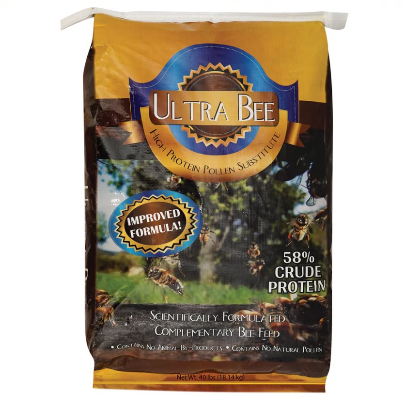 A bag of Ultra Bee Pollen Supplement with an image of bees on it, indicating it is a product for bee nutrition.