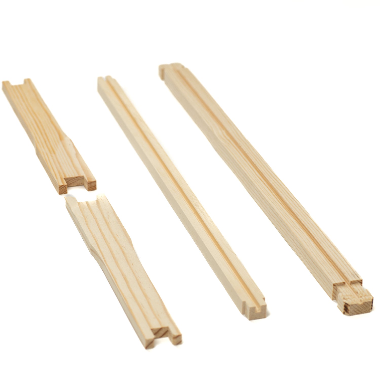 Unassembled wooden frames for beekeeping, displayed in three different orientations to show the structure and components.