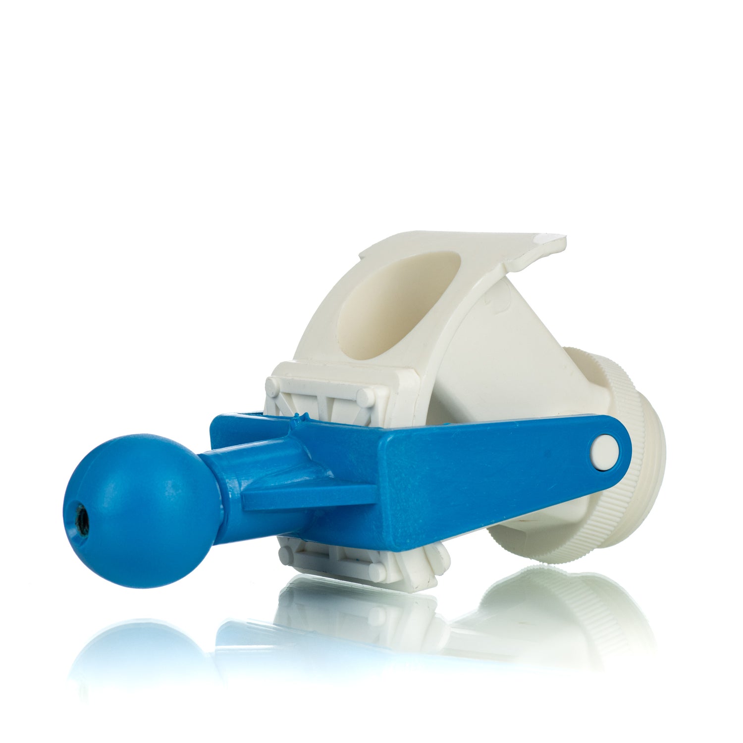 A blue and white plastic honey gate with a large knob-style sliding opening, designed for honey flow in beekeeping.