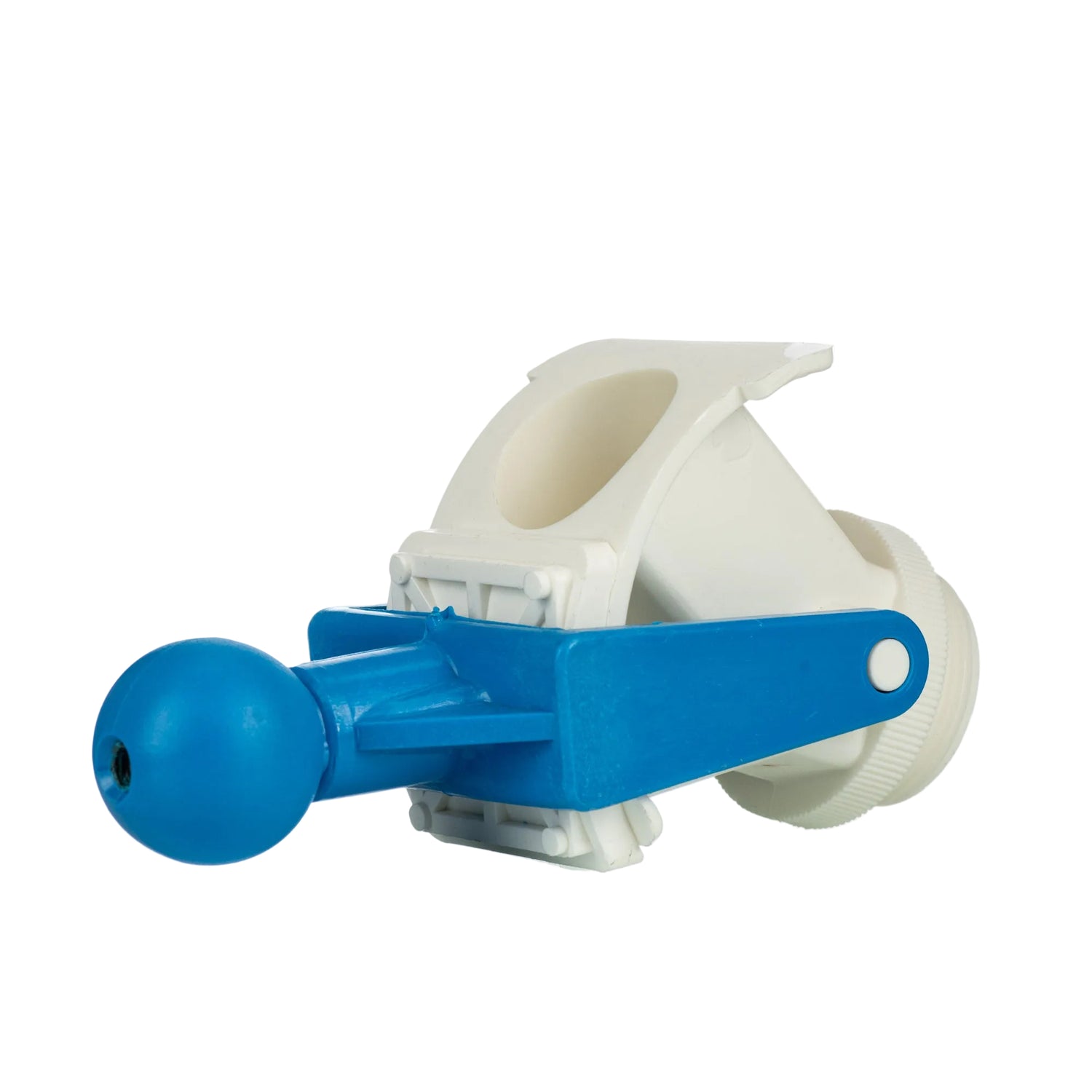 A blue and white plastic honey gate with a large knob-style sliding opening, designed for honey flow in beekeeping.