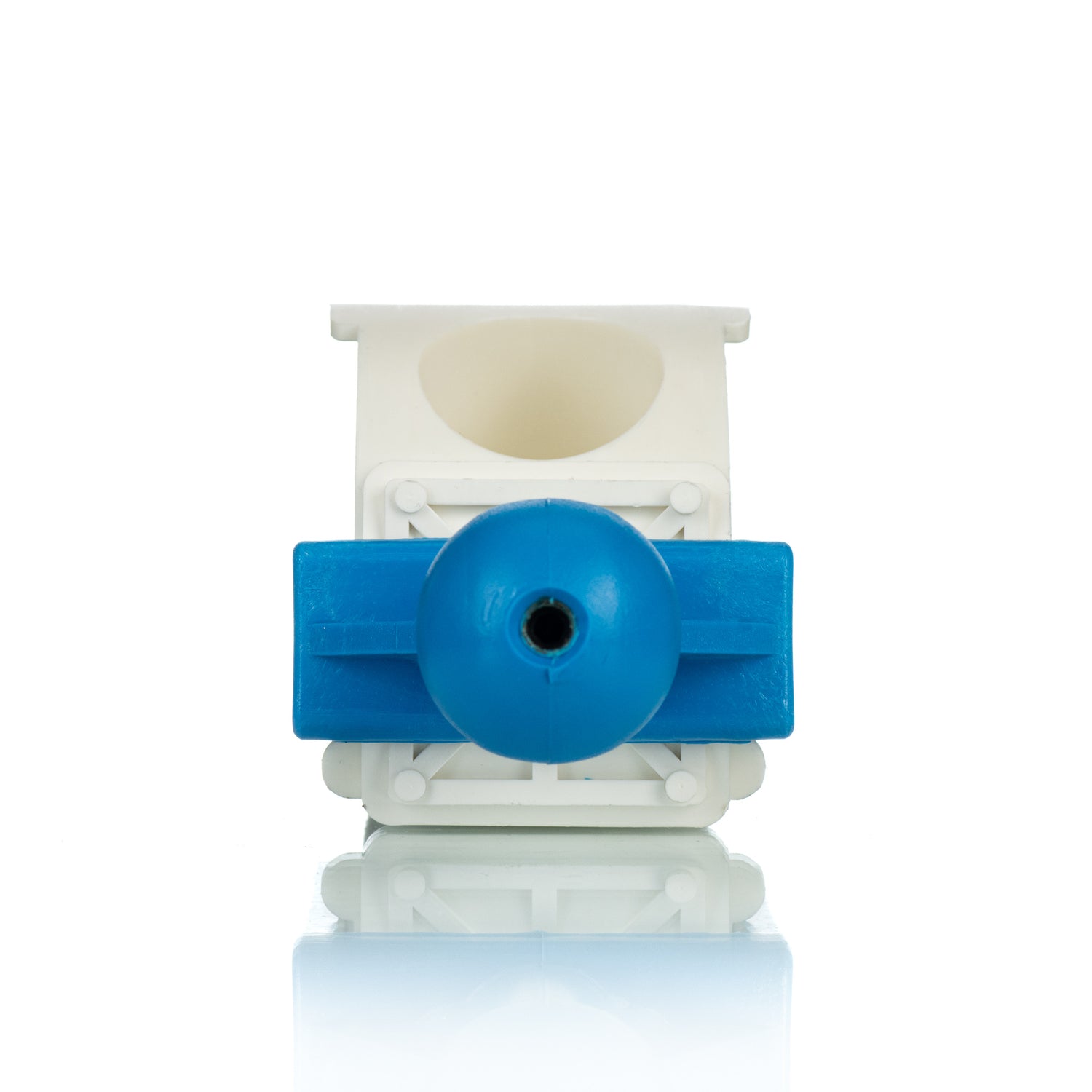 A blue and white plastic honey gate with a large knob-style sliding opening, designed for honey flow in beekeeping.