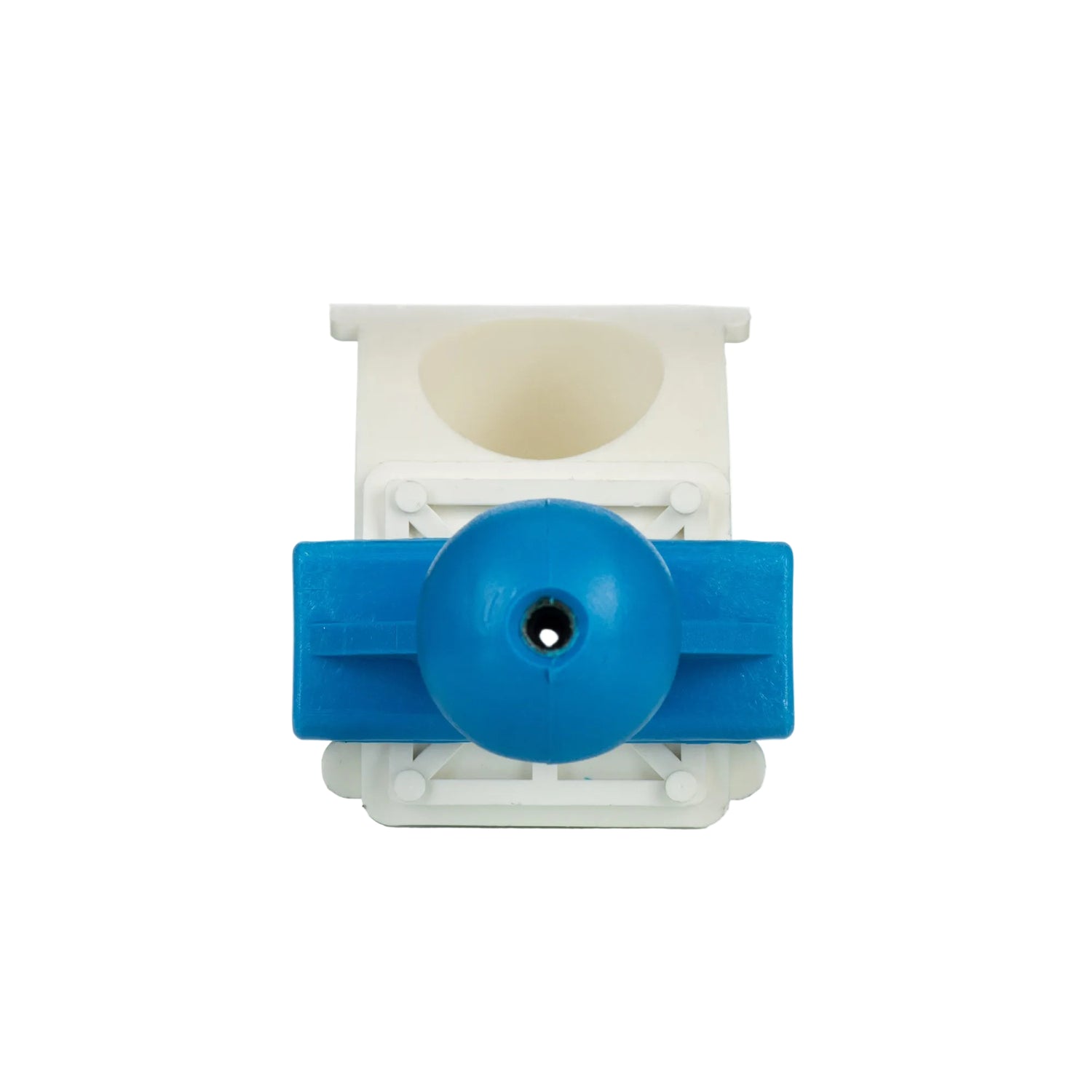 A blue and white plastic honey gate with a large knob-style sliding opening, designed for honey flow in beekeeping.