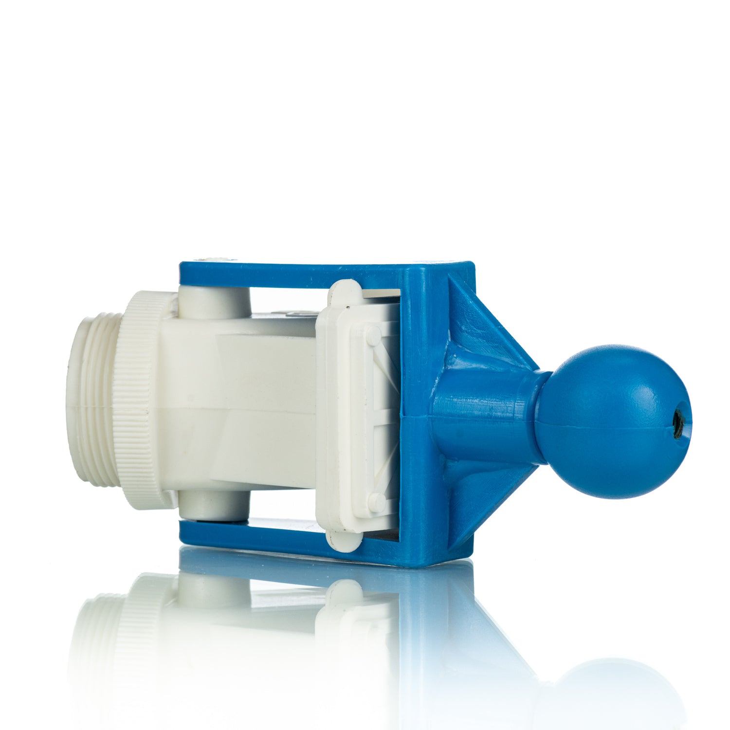 A blue and white plastic honey gate with a large knob-style sliding opening, designed for honey flow in beekeeping.