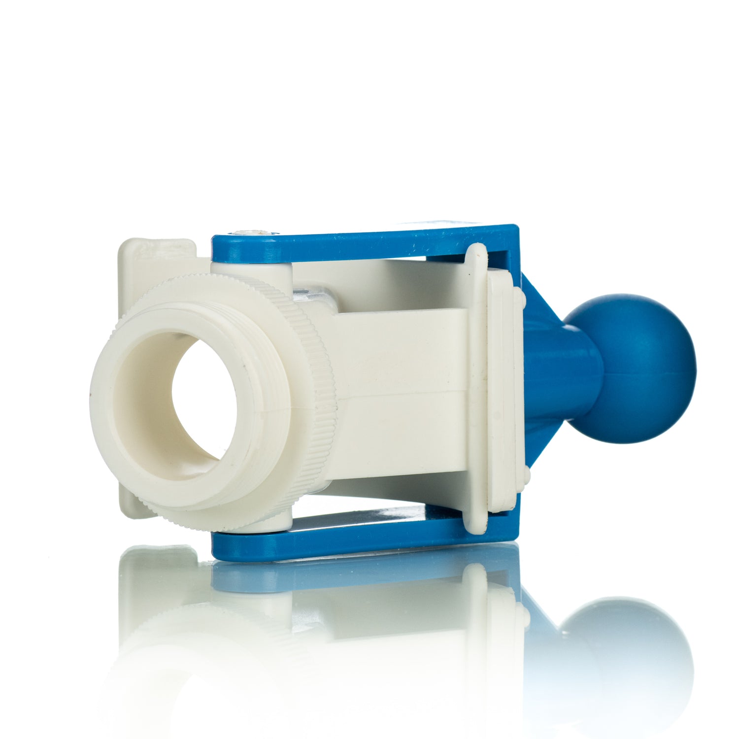A blue and white plastic honey gate with a large knob-style sliding opening, designed for honey flow in beekeeping.