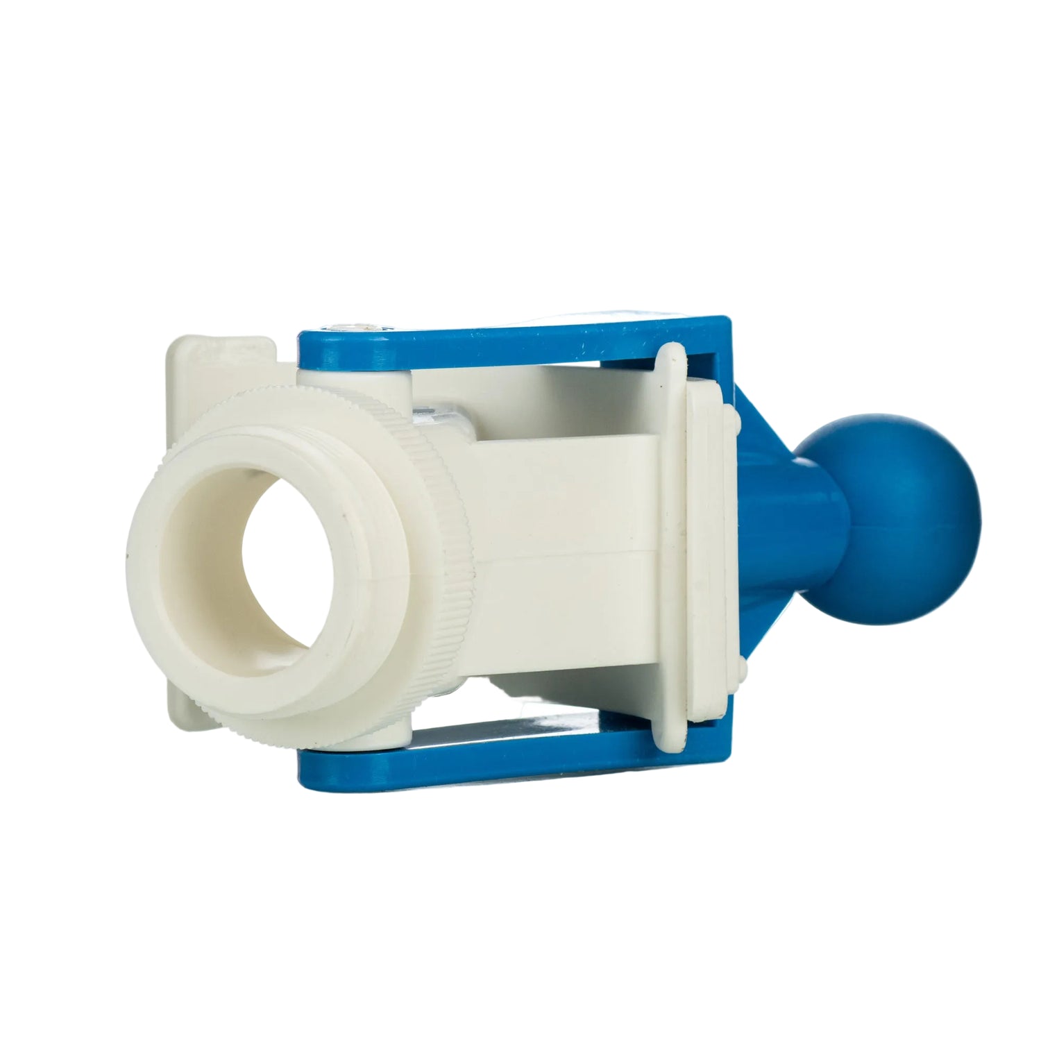 A blue and white plastic honey gate with a large knob-style sliding opening, designed for honey flow in beekeeping.