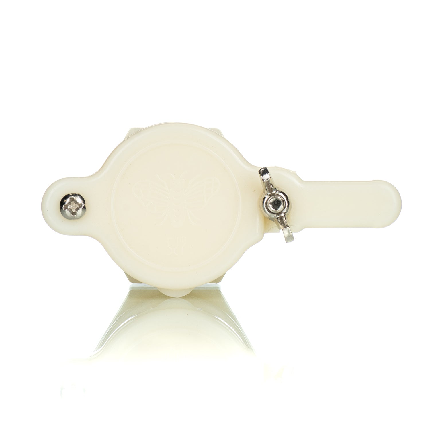 A white plastic honey gate with a wing-nut style opening on a white background