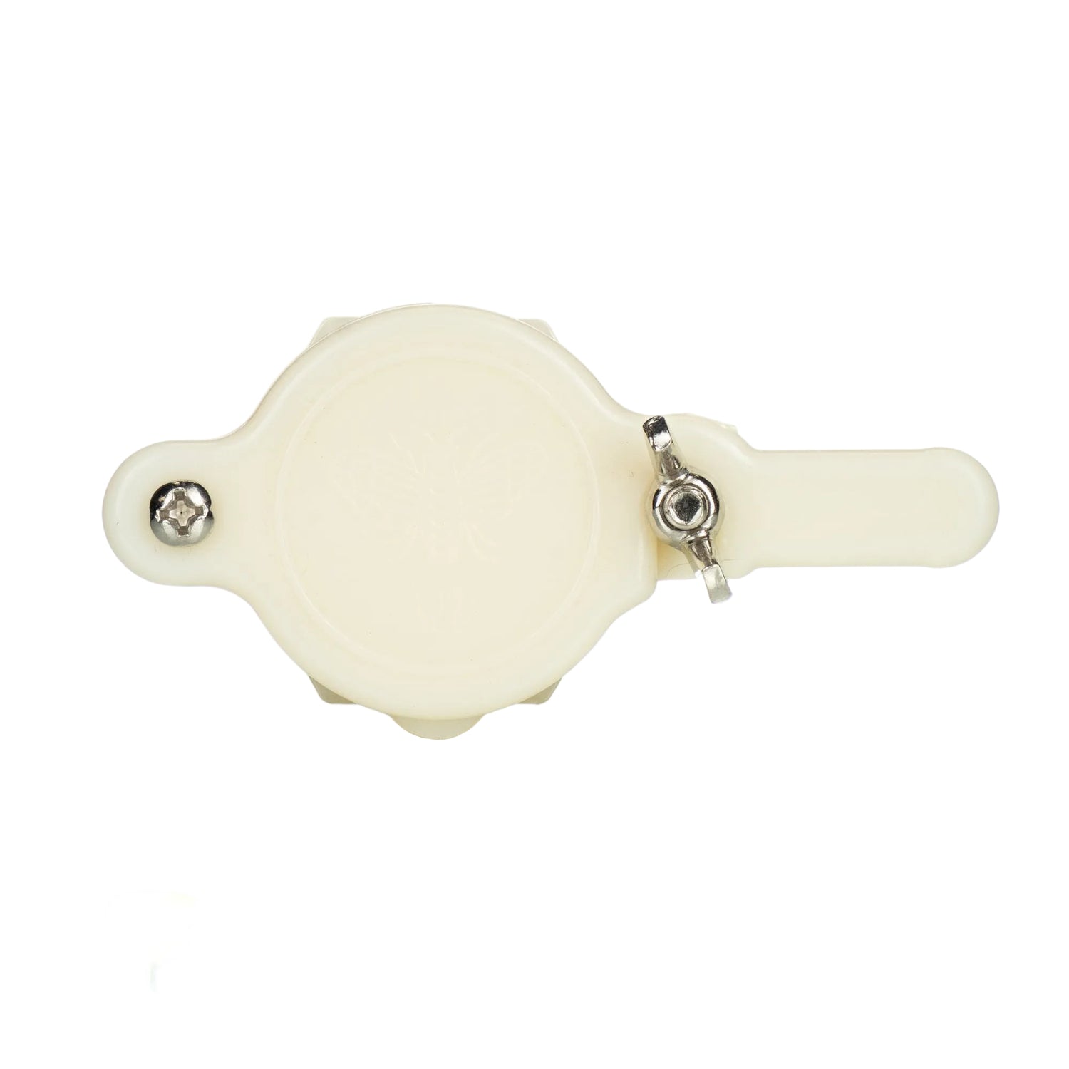 A white plastic honey gate with a wing-nut style opening on a white background