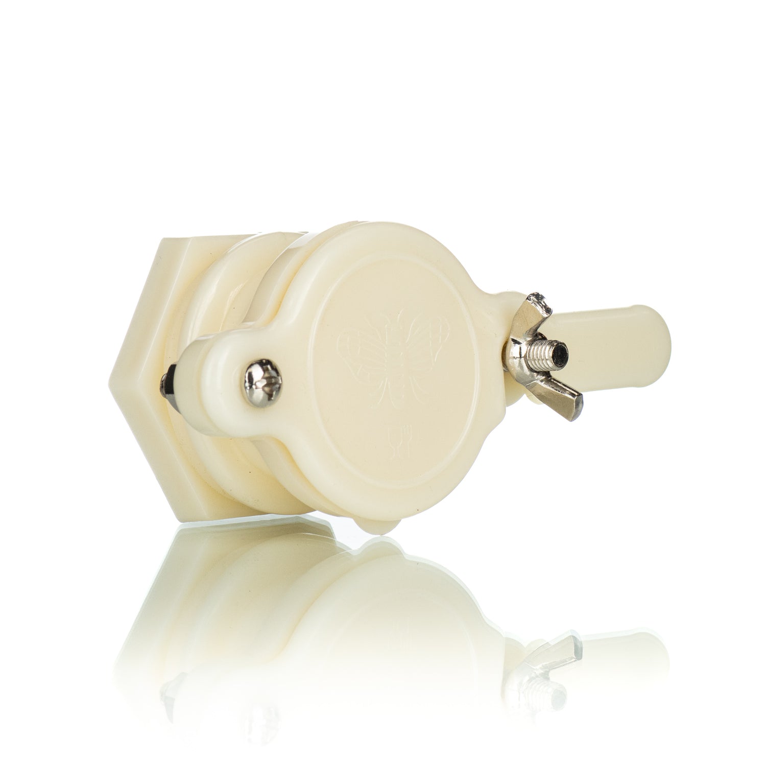 A white plastic honey gate with a wing-nut style opening on a white background