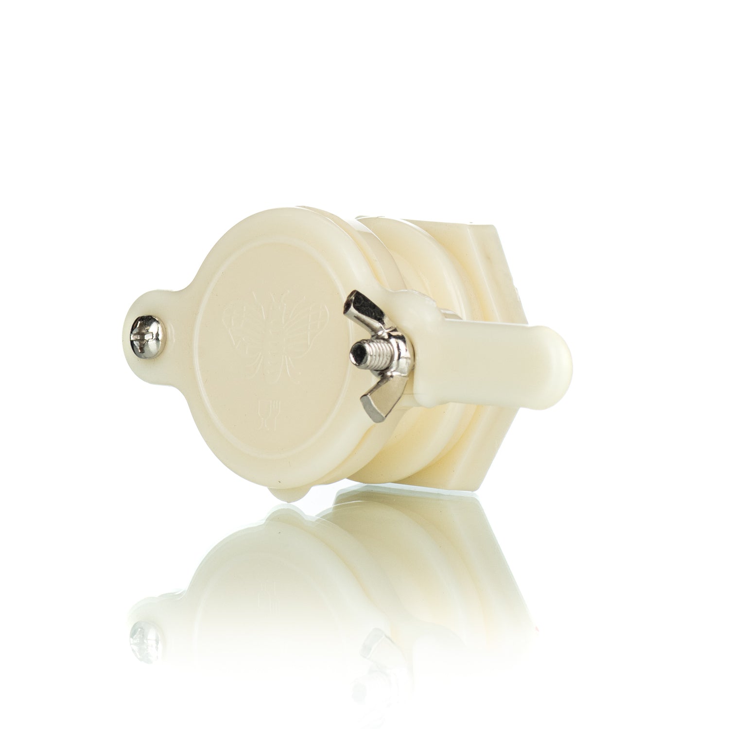 A white plastic honey gate with a wing-nut style opening on a white background