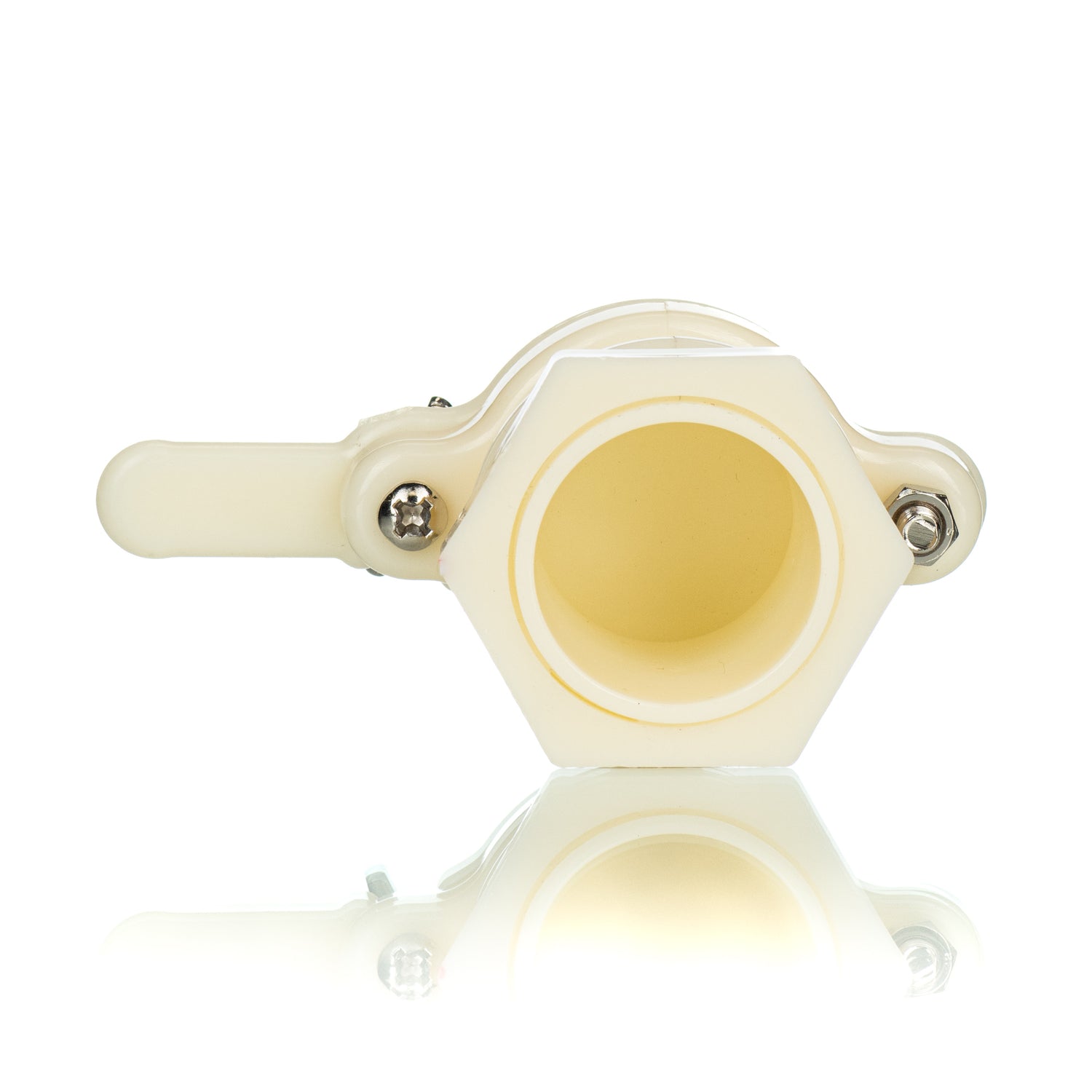 A white plastic honey gate with a wing-nut style opening on a white background
