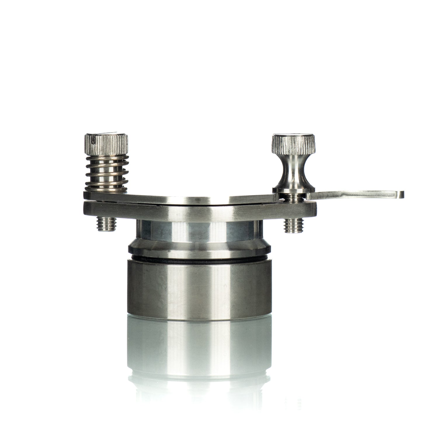 A stainless steel honey gate with a wing-nut style opening on a white background